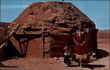 New Mexico Navajo mother young girl lamb hogan hut 1950s unused vintage postcard