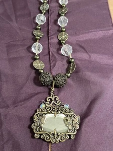 15"  Unique Necklace Metal Beads & Chain, Discs Faux Crystals, Framed Mirror - Picture 1 of 11