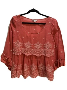 American Eagle Women's Embroidered Bell Sleeve Top Medium Pink White Tassel Boho - Picture 1 of 8