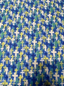 DIVINE CROSS BLUE GREEN YELLOW WHITE WITH BLUE BACKGROUND COTTON FABRIC FQ - Picture 1 of 6
