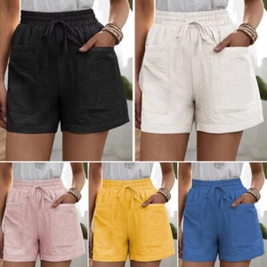 Plus Size Women's Linen Elastic Waist Shorts Solid Casual Summer Beach Hot Pant/ - Picture 1 of 17