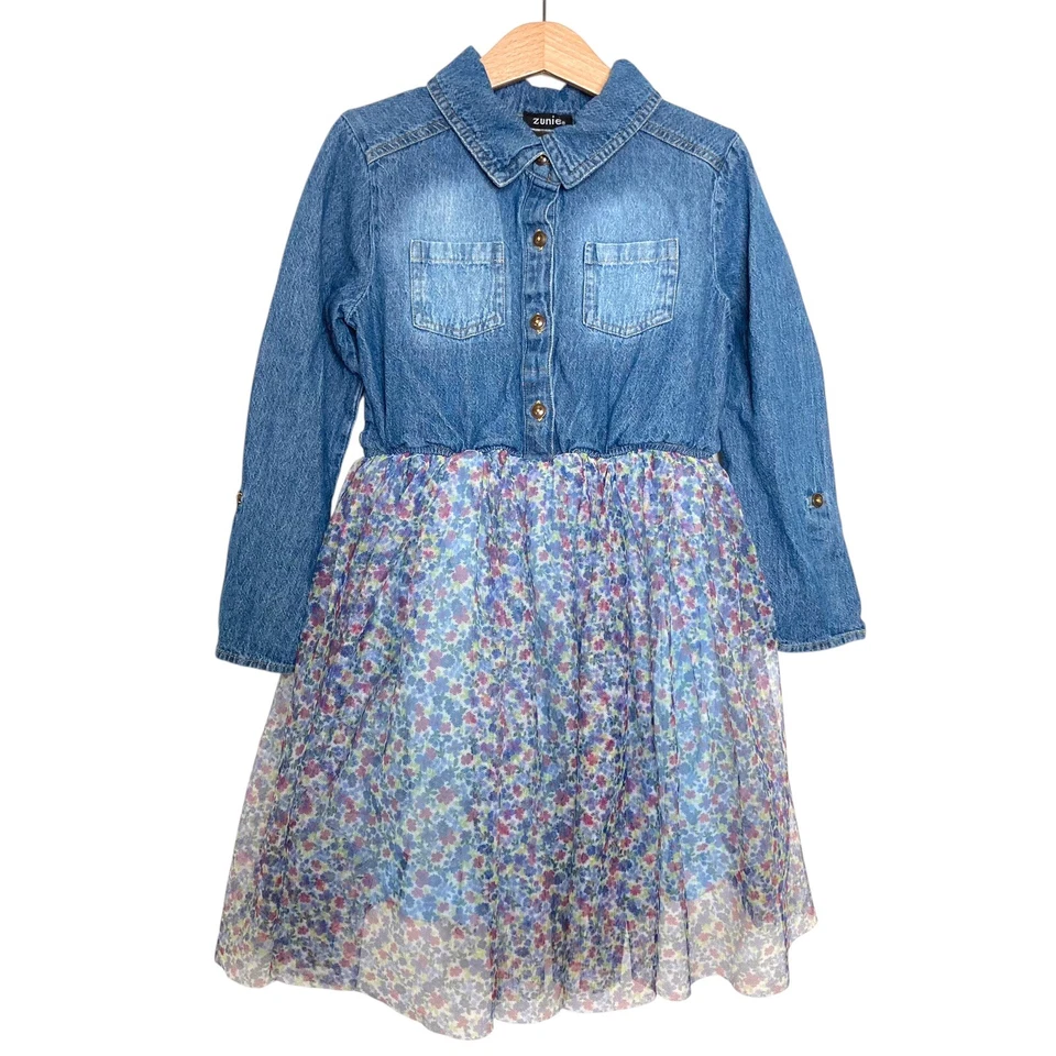 Vestido floral de tule para meninas Zunie, azul, blusa jeans, mangas roll up tamanho 8 - Imagem 1 de 4