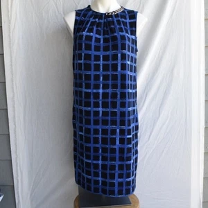 Michael Kors Size L Navy Blue Windowpane Plaid Silver Accent Shift Dress Work - Picture 1 of 12