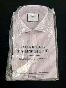 CHARLES TYRWHITT Dress Shirt Shadow Fine Stripe Cutaway Slim Fit Purple 15/34 - Picture 1 of 4