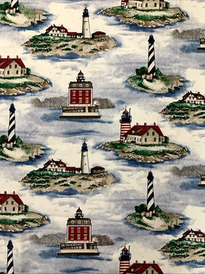 WAVERLEY  SCREEN PRINT FABRIC  "LAND HO"  Lighthouse Pattern  Remnant  48" x 28" - Image 1 of 4