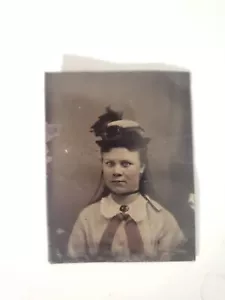 Antique Tintype Photograph Beautiful Young Woman Hat - Picture 1 of 4
