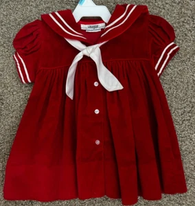 EUC I MAGNIN, C I CASTRO RED/WHITE VELVET SAILOR COLLAR DRESS SZ. 1 YR. - Picture 1 of 6