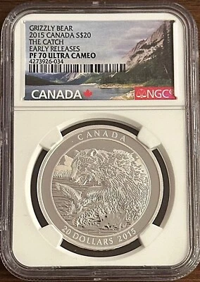 2015 Canada $20 1oz Fine Silver Grizzly Bear The Catch ER NGC PF 70 UC - Image 1 of 2