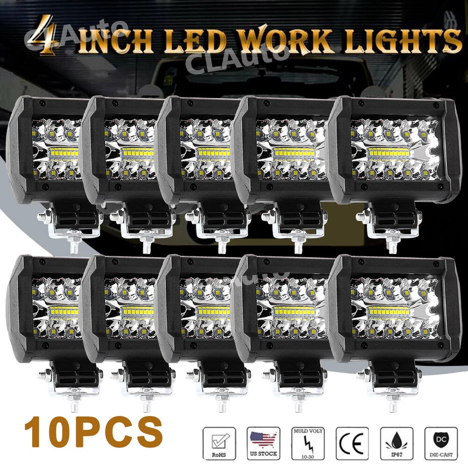 10x 4Inch LED Cube Pods Work Light Bar Tri-row Driving Fog Offroad ATV UTV 4WD