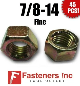 (Qty 45) 7/8-14 Fine Grade 8 Finish Hex Nuts Yellow Zinc Plated Hardened - Picture 1 of 3