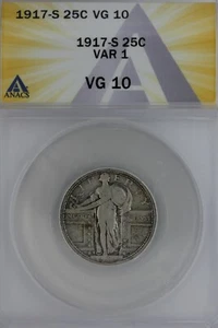 1917-S .25 ANACS VG 10 VAR 1 Standing Liberty Quarter, Liberty 25 Cents - Picture 1 of 2