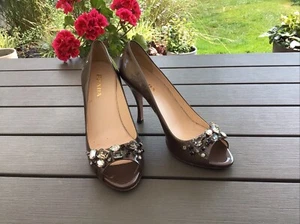 PRADA Taffetas Patent Leather High Heel JEWELED Peep-Toe Shoes 37 - Picture 1 of 10