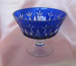 VINTAGE CZECH BOHEMIAN COBALT BLUE CRYSTAL GLASS FOOTED BOWL HANDMADE - Picture 1 of 10