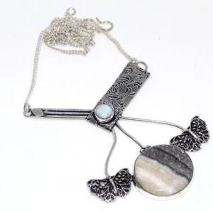 925 Silver Plated Zebra Calcite Larimar Ethnic Necklace Jewelry Size 18" AU V001 - Picture 1 of 3