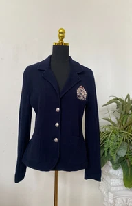 Neu Lauren Damen marineblau 100 % Baumwolle klassisches Logo Wappen Strick Blazer Größe P/L $ 398 - Bild 1 von 8