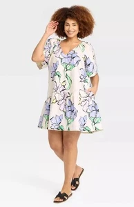 WOMEN'S XXL FLORAL TIER DRESS FLUTTER A NEW DAY POCKETS SHORT SPRING BOLD NWOT - Picture 1 of 6