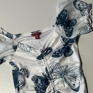 Guess Mesh Butterfly Top Sz XS Stretchy V-Neck Ruffle Puff Sleeve Cinched Blouse - Picture 1 of 6
