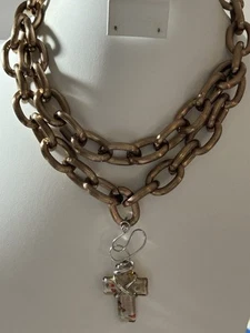 Copper Tone Chunky Double Layered Metal Statement Necklace & Reversible Cross - Picture 1 of 12