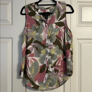 Top TAHARI 100 % Lino Talla Grande Verde Rosa Blanco Floral Con Botones Sin Mangas - Imagen 1 de 5