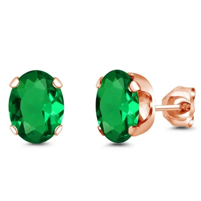 1.50 Ct 8x6mm Green Simulated Emerald 18K Rose Gold Plated Silver Stud Earrings - Image 1 of 4