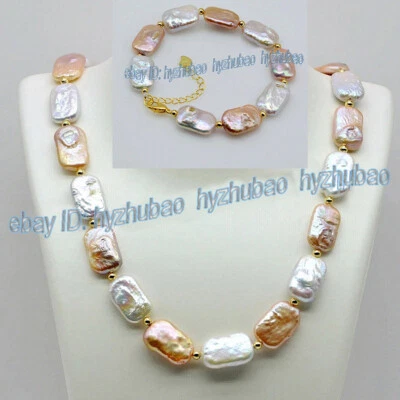 15x20mm White Pink Purple Colorful Baroque Rectangle Pearl Bracelet Necklace Set - Image 1 of 4