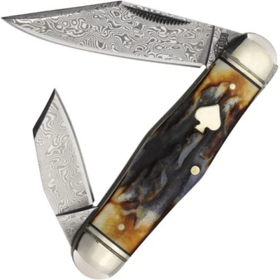 Rough Ryder Swell Center Jack Pocket Knife Damascus Steel Blades Bone Handle