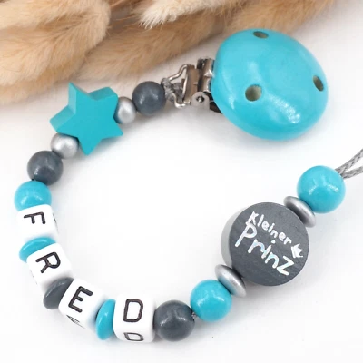MOTZISBUNTEWELT Schnullerkette mit Namen ★ Junge ★ PRINZ grau türkis Babygeschenk Geburt Nuckel