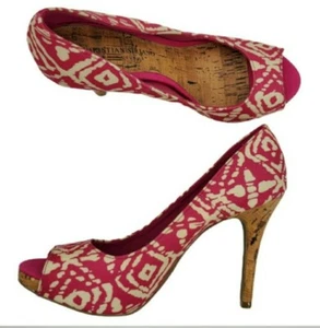 CHRISTIAN SIRIANO Womens Pink & White Ikat Canvas & Cork Peep Toe Pump Size 7 - Picture 1 of 12