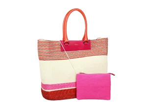 Furla Straw Shopper Tote Wristlet Set Pink Orange Red Stripe Clutch Brigitte Nwt - Picture 1 of 5