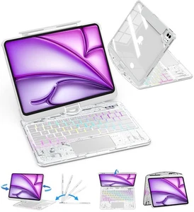 TSQQST Clear Keyboard Case For IPad Air 13/Pro 12.9 360° White Backlit Trackpad - Afbeelding 1 van 2