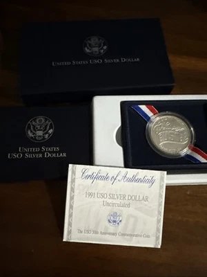 1991 USO 50th Anniversary Silver Dollar Uncirculated W/ Original Box & COA - Image 1 of 2