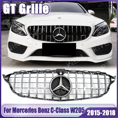 Silver Front Upper Grille W/Emblem With Camera Hole For Mercedes Benz W205 15-18 Foto 1 de 4