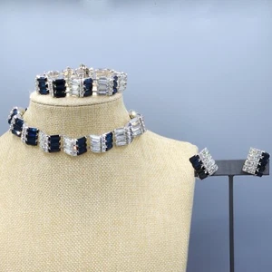 Weiß Dunkelblau Klar Baguette Strass Panel Halskette Armband Ohrringe - Bild 1 von 12