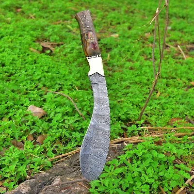 CUSTOM HANDMADE DAMASCUS STEEL HUNTING KUKRI BOWIE KNIFE RAM HORN HANDLE X-200 - Image 1 of 4