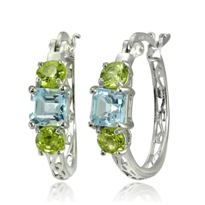 Three-Stone Blue Topaz and Peridot Filigree Hoop Earrings in Sterling Silver - Image 1 of 3