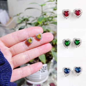Womens Earrings Jewellery Stud Crystal Heart Sterling Valentine Gift Silver - Picture 1 of 21