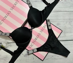 Victoria's Secret Shine VS Strap Smooth Bombshell Push Up Bra Thong Set Black - Picture 1 of 5