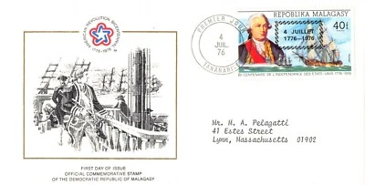 1976 МАДАГАСКАР малагасийская марка конверт первого дня АМЕРИКАНСКОЕ ДВУХСОТЛЕТИЕ - Изображение 1 из 2