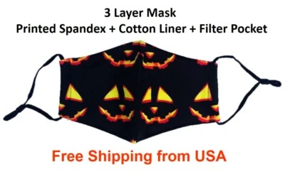 Halloween Spooky Pumpkin Face Mask Filter Pocket 2 Filters Reusable Washable - Image 1 of 4