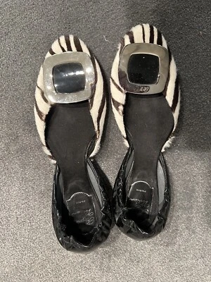 Roger Vivier Black Cow Hide D'orsay Buckle Ballerina Flat Size 37.5 Rare Vintage - Image 1 of 4