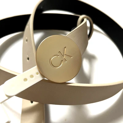 NUEVO CON ETIQUETAS Original CALVIN KLEIN Disco Medallón Cinturón Hebilla Dorada Taupe Crema Talla M Foto 1 de 4