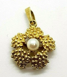 HANDARBEIT Anhänger Blume mit Perle 14K 585er Gelbgold -sehr hübsch- - Bild 1 von 3