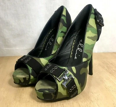 Zapatos Camuflaje Verde Talla 7 Stiletto Tacón Alto Zapatos Hebilla Diseño Por Ellie Foto 1 de 4