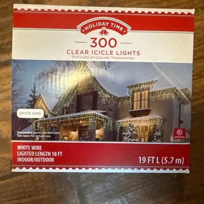 300-Count Clear Icicle Holiday Time Christmas Lights, with White Wire, 19 Feet - Image 1 of 3