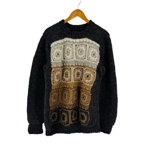Maglione patchwork fatto a mano all'uncinetto boho maglia grossa retrò arte popolare pullover - Foto 1 di 7