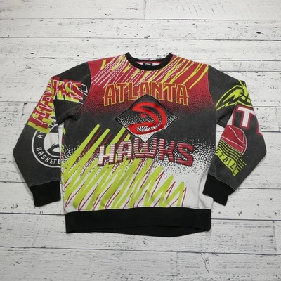 Atlanta Hawks Sweatshirt Mens Large Crewneck Black Red NBA Basketball UNK Print - Image 1 of 4
