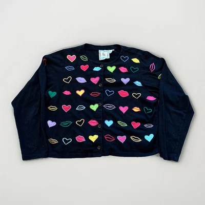 Suéter Michael Simon Lite Mujer M Negro Corazones Besos Cárdigan San Valentín Foto 1 de 4
