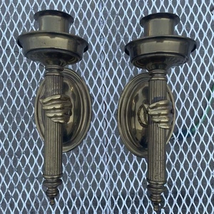 Vintage Hand Torch Brass Wall Sconce Pair Of Candle Holders 10.5” - Picture 1 of 15