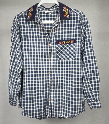 Basic Editions Women's Blouse Plaid Embroidered Fall Harvest Autumn Leaves 2XL - Image 1 of 4