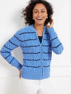 Neu mit Etikett Talbots Streifen Zopfmuster Reißverschluss Cardigan Pullover Jacke blau schwarz S - Bild 1 von 14